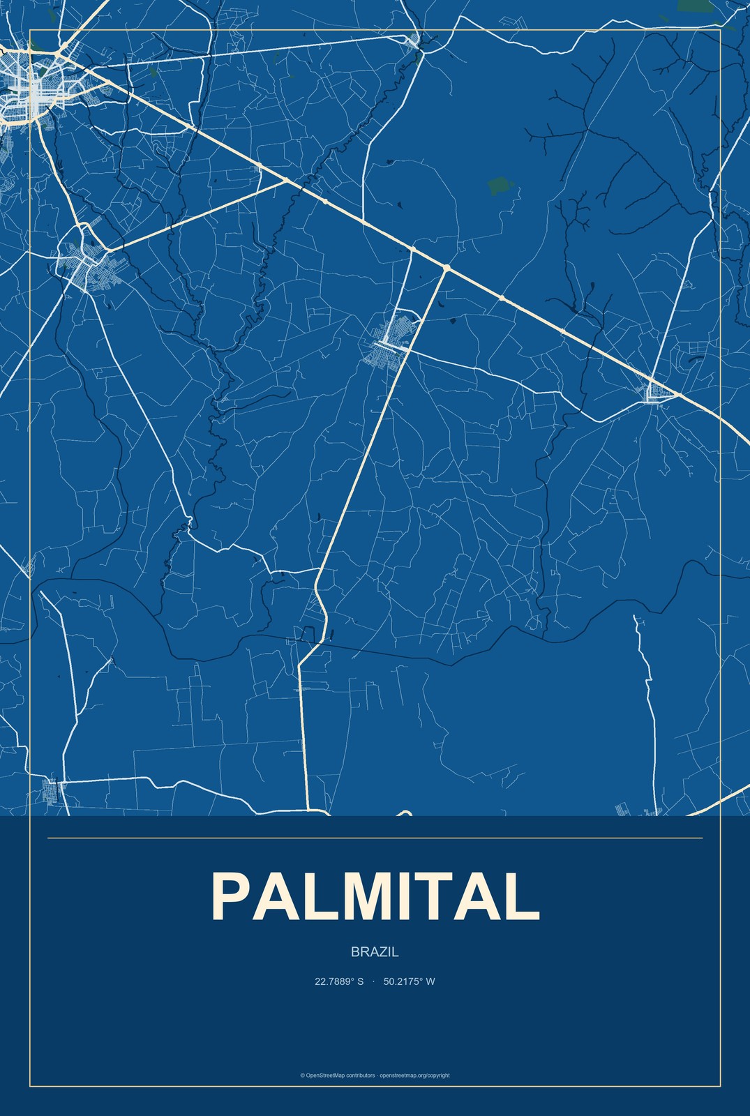 Palmital, São Paulo, Brazil City Map Aluminum Sign in Harbor Cobalt style