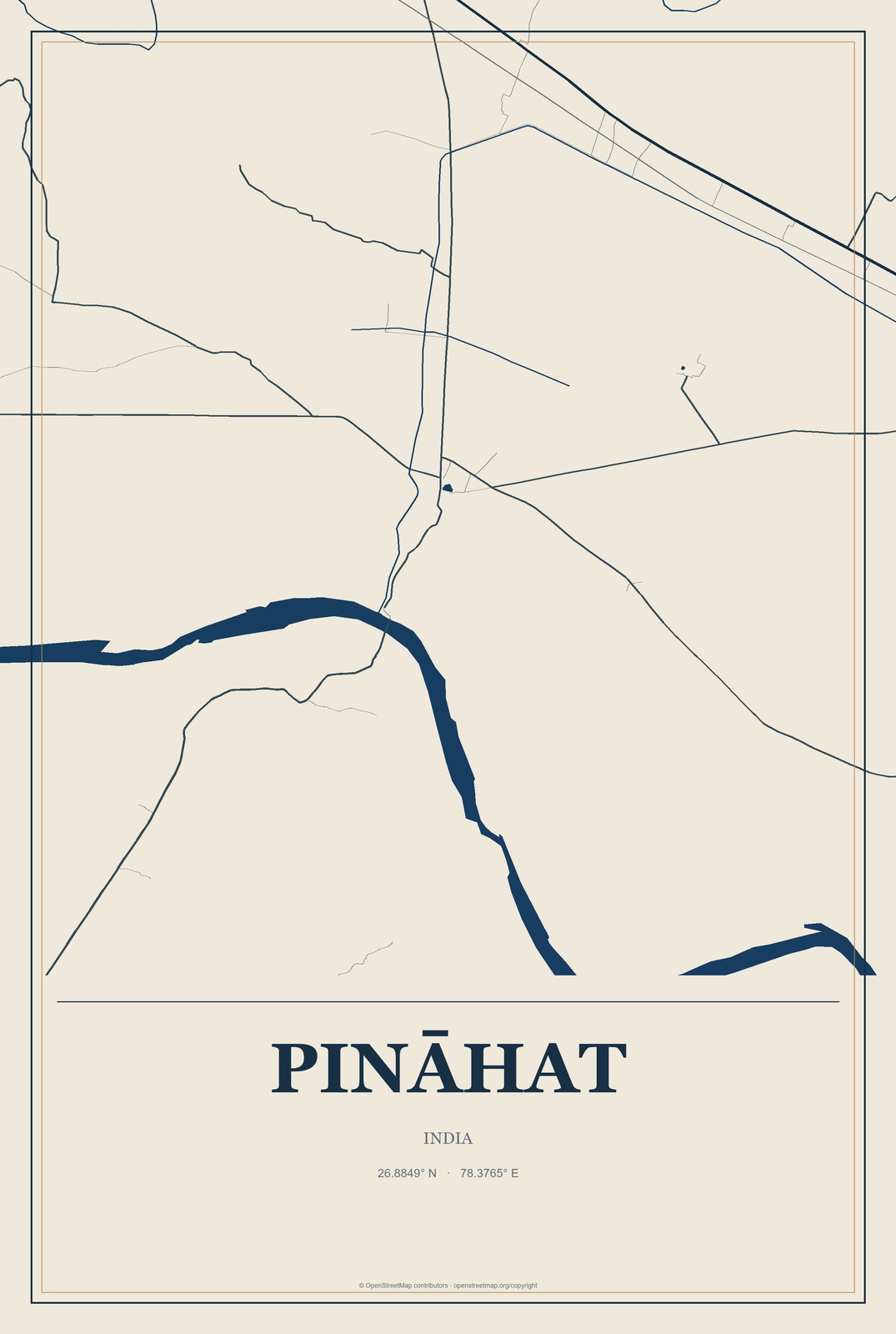 Pināhat, India City Map Aluminum Sign in Coastal Cutout style