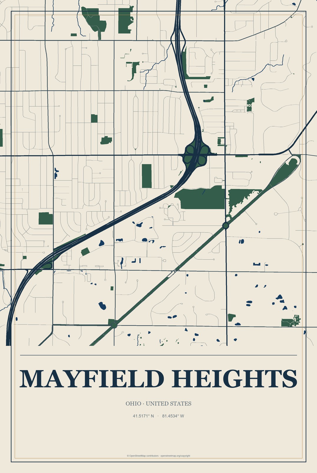 Mayfield Heights, Ohio City Map Aluminum Sign in Coastal Cutout style