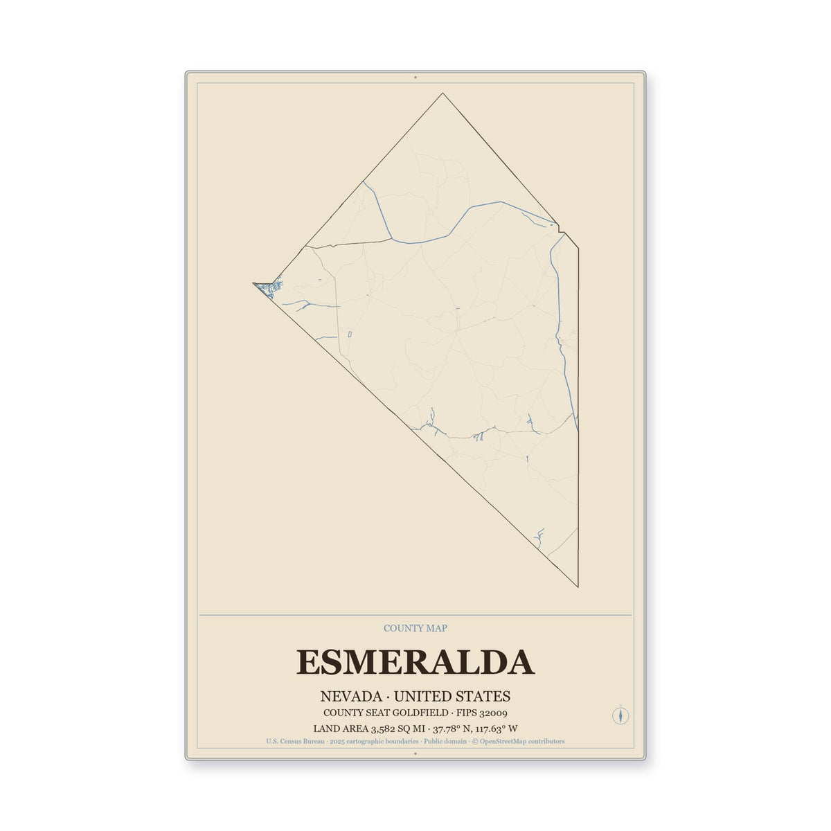 Esmeralda County, Nevada Map Aluminum Sign in Heritage Nautical style