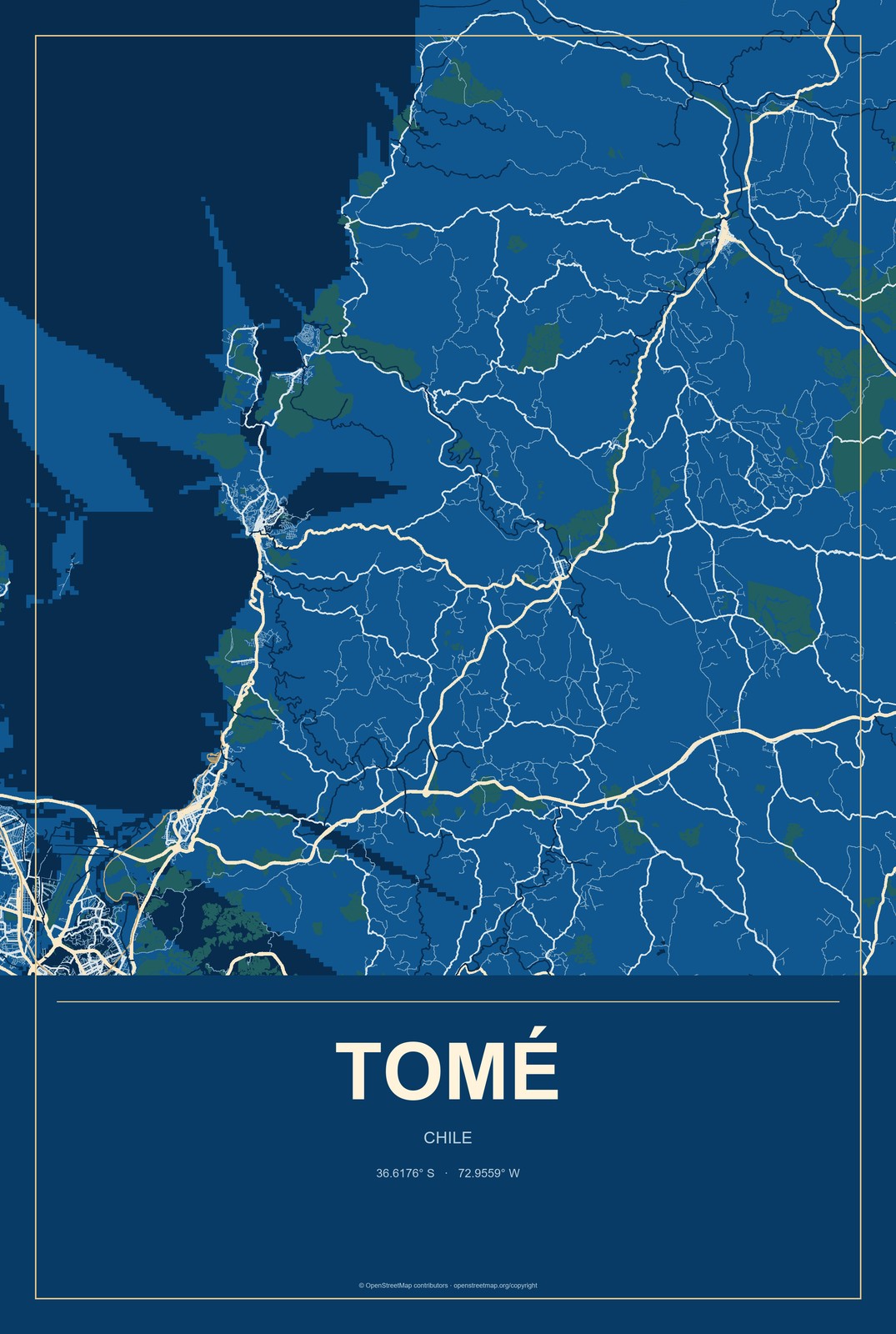 Tomé, Chile City Map Aluminum Sign in Harbor Cobalt style