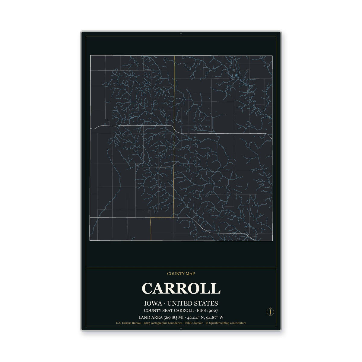 Carroll County, Iowa Map Aluminum Sign in Metropolitan Noir style
