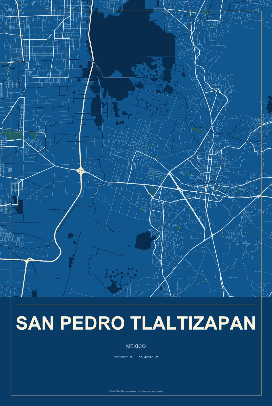 San Pedro Tlaltizapan, Mexico City Map Aluminum Sign in Harbor Cobalt style