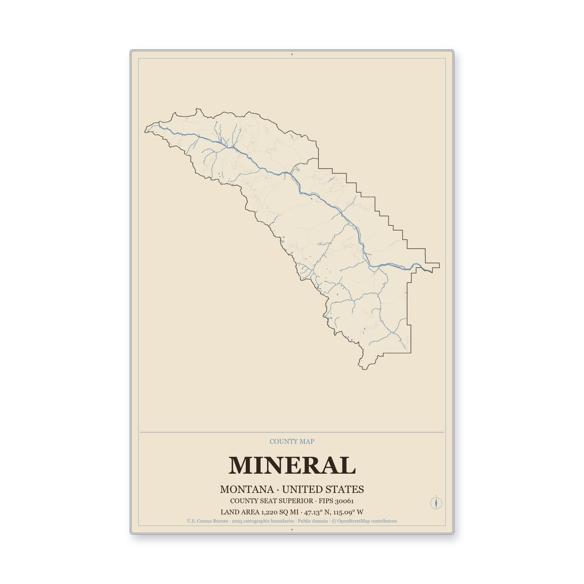 Mineral County, Montana Map Aluminum Sign in Heritage Nautical style
