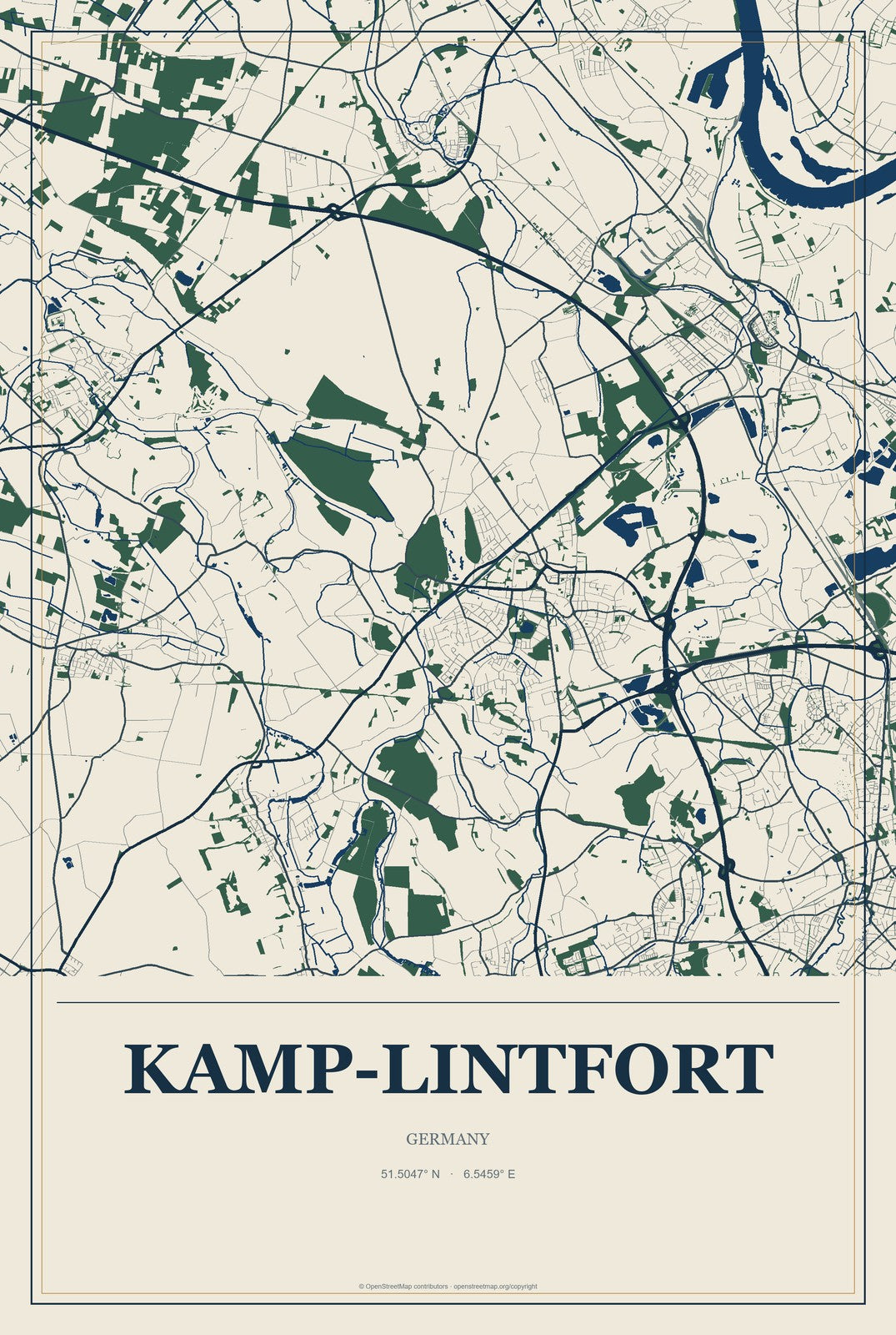 Kamp-Lintfort, Germany City Map Aluminum Sign in Coastal Cutout style
