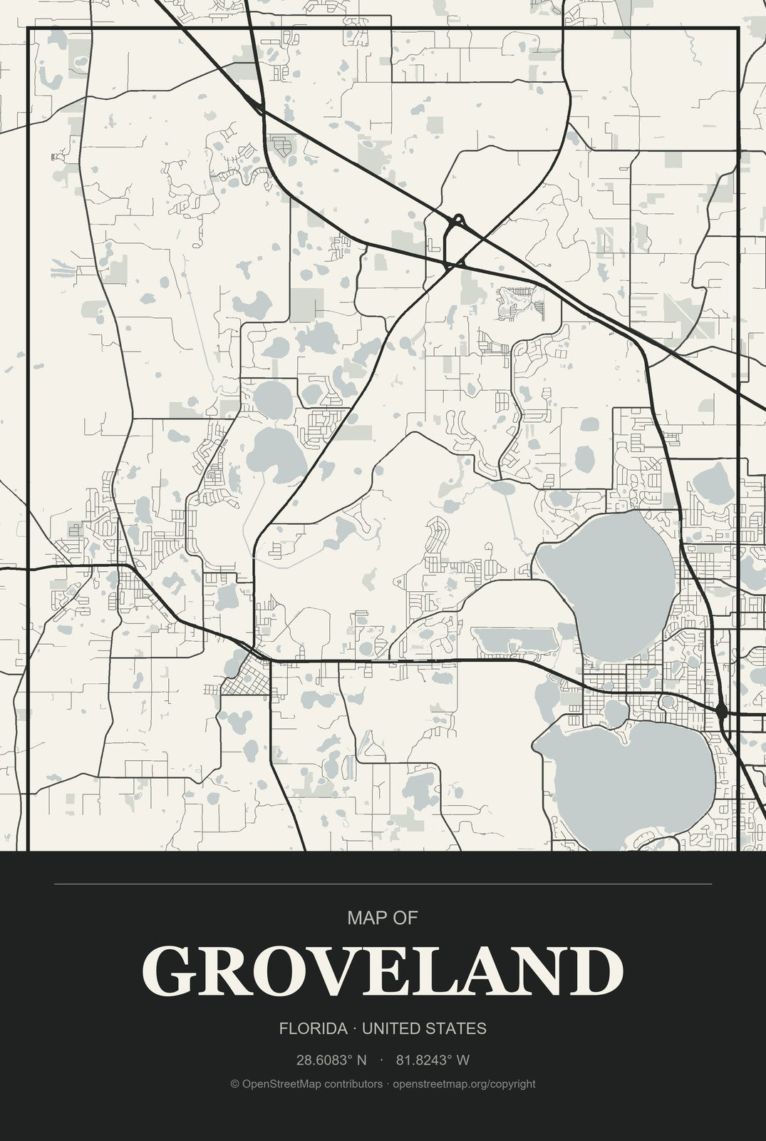 Groveland, Florida City Map Aluminum Sign in Museum Plaque style