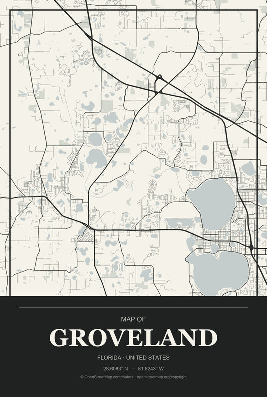 Groveland, Florida City Map Aluminum Sign in Museum Plaque style