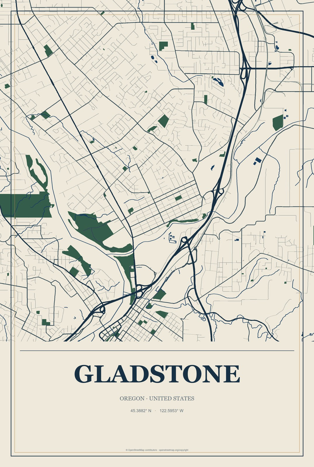 Gladstone, Oregon City Map Aluminum Sign in Coastal Cutout style