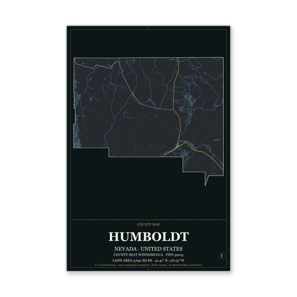 Humboldt County, Nevada Map Aluminum Sign in Metropolitan Noir style