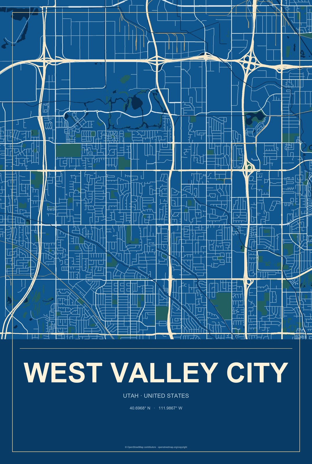 West Valley City, Utah City Map Aluminum Sign in Harbor Cobalt style