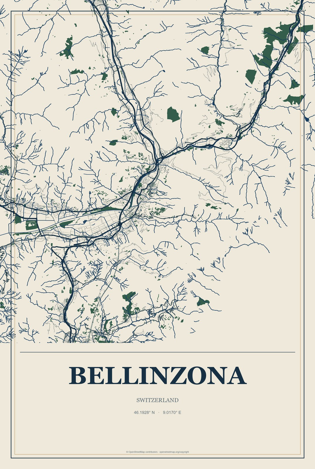 Bellinzona, Switzerland City Map Aluminum Sign in Coastal Cutout style