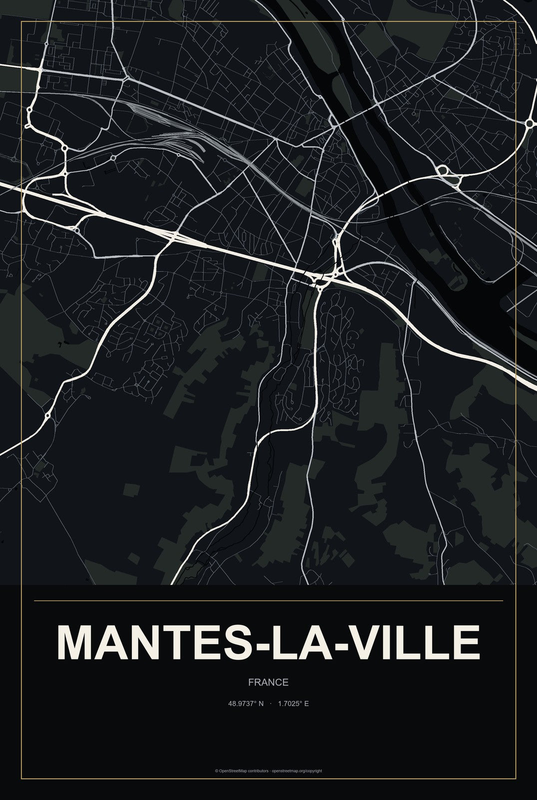 Mantes-la-Ville, France City Map Aluminum Sign in Metropolitan Noir style