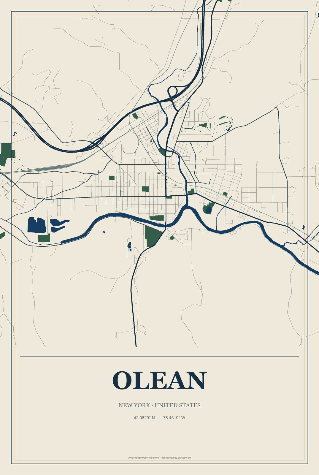 Olean, New York City Map Aluminum Sign in Coastal Cutout style