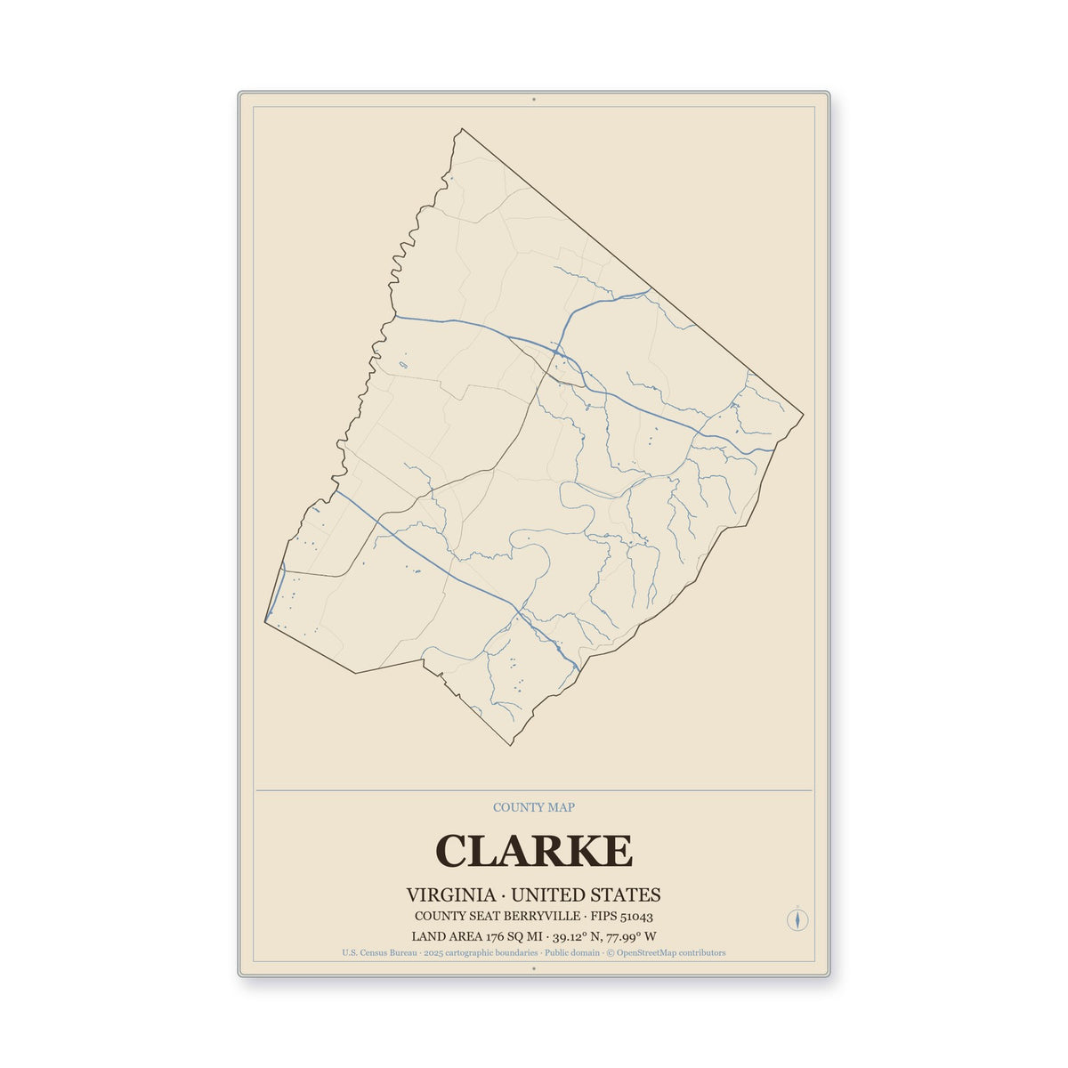 Clarke County, Virginia Map Aluminum Sign in Heritage Nautical style