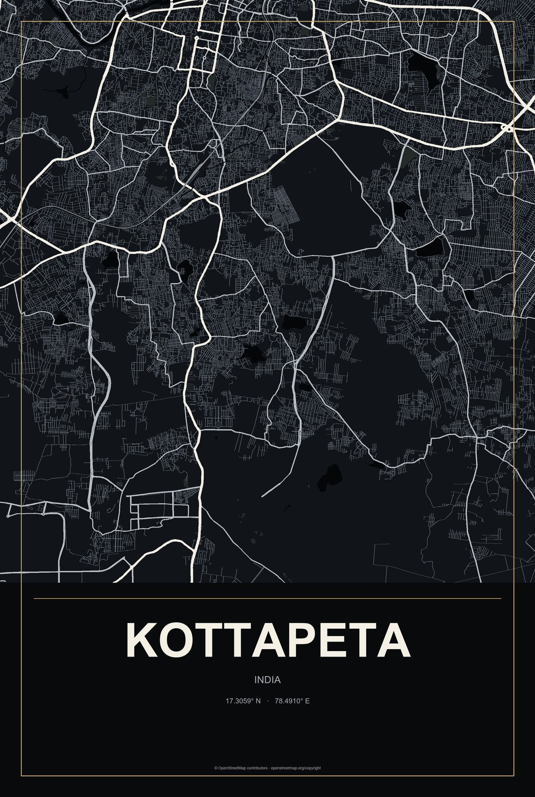 Kottapeta, India City Map Aluminum Sign in Metropolitan Noir style