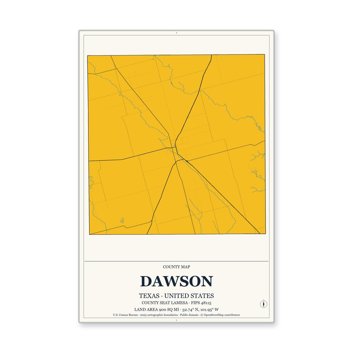 Dawson County, Texas Map Aluminum Sign in Citrine Modern style