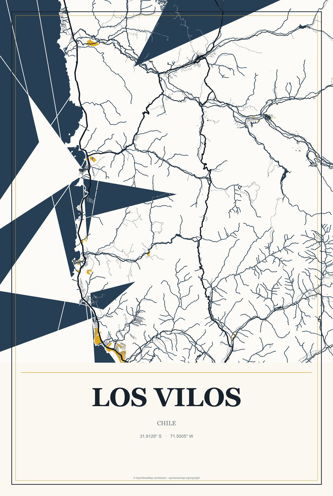 Los Vilos, Chile City Map Aluminum Sign in Citrine Modern style
