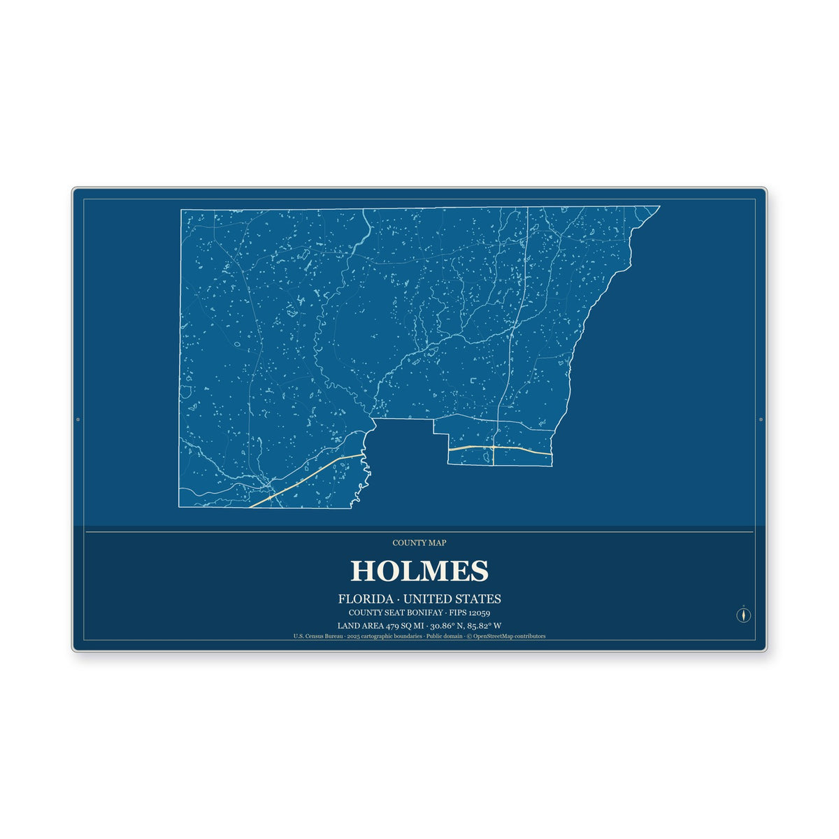 Holmes County, Florida Map Aluminum Sign in Harbor Cobalt style