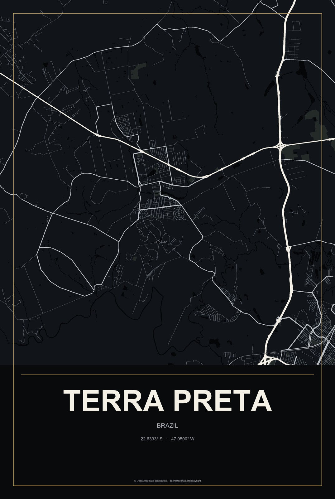 Terra Preta, Brazil City Map Aluminum Sign in Metropolitan Noir style