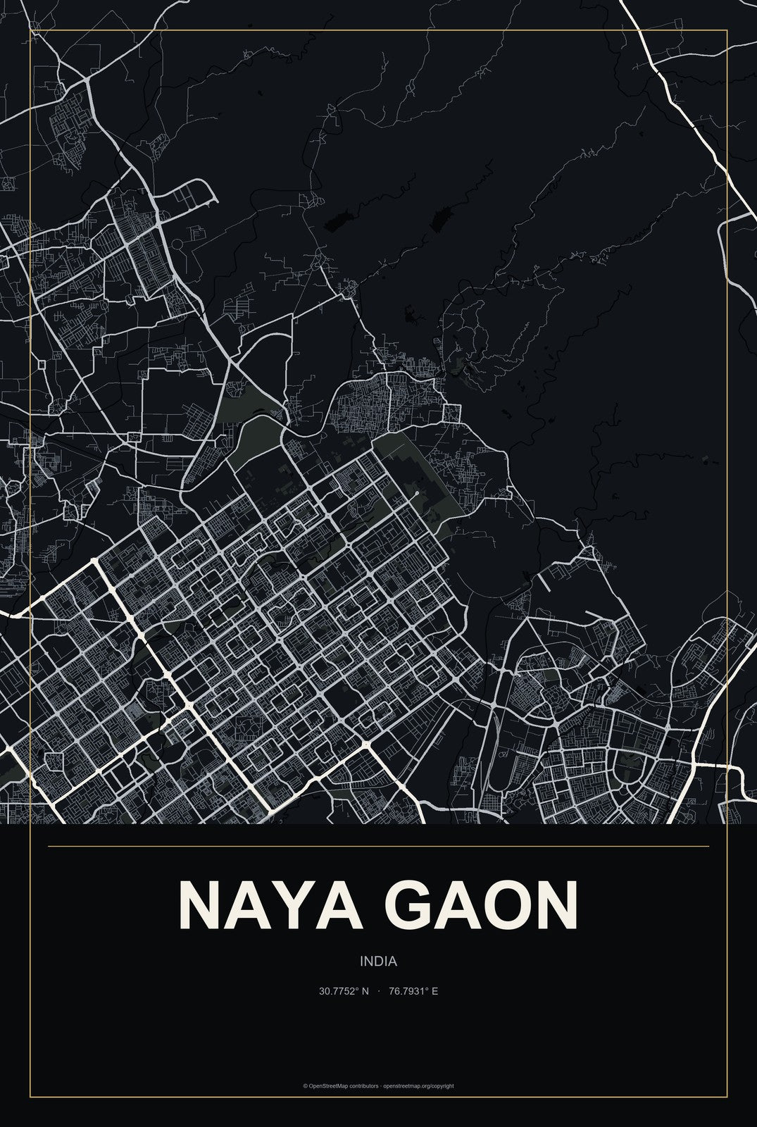 Naya Gaon, India City Map Aluminum Sign in Metropolitan Noir style