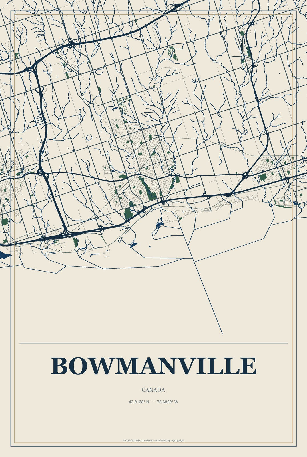Bowmanville, Canada City Map Aluminum Sign in Coastal Cutout style