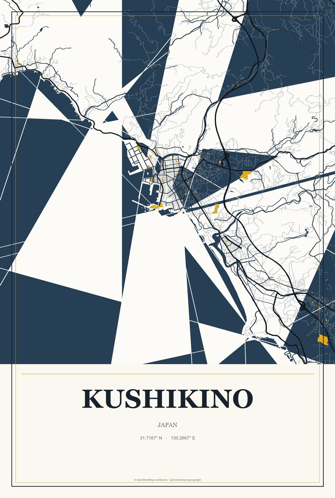 Kushikino, Japan City Map Aluminum Sign in Citrine Modern style