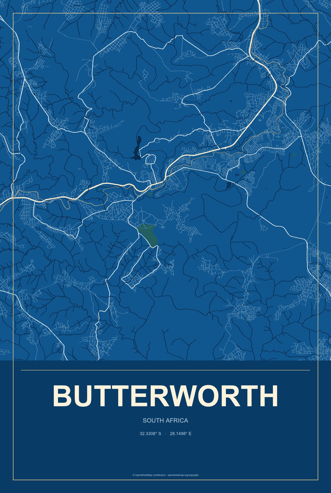 Butterworth, South Africa City Map Aluminum Sign in Harbor Cobalt style