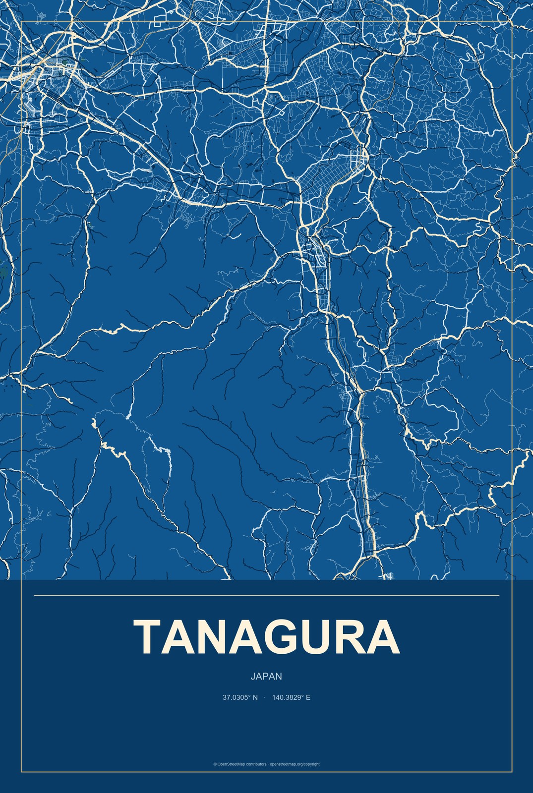 Tanagura, Japan City Map Aluminum Sign in Harbor Cobalt style