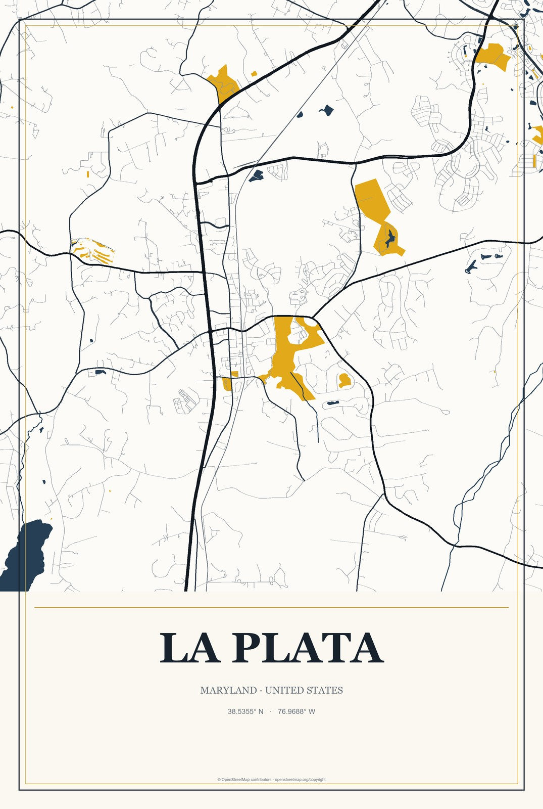 La Plata, Maryland City Map Aluminum Sign in Citrine Modern style