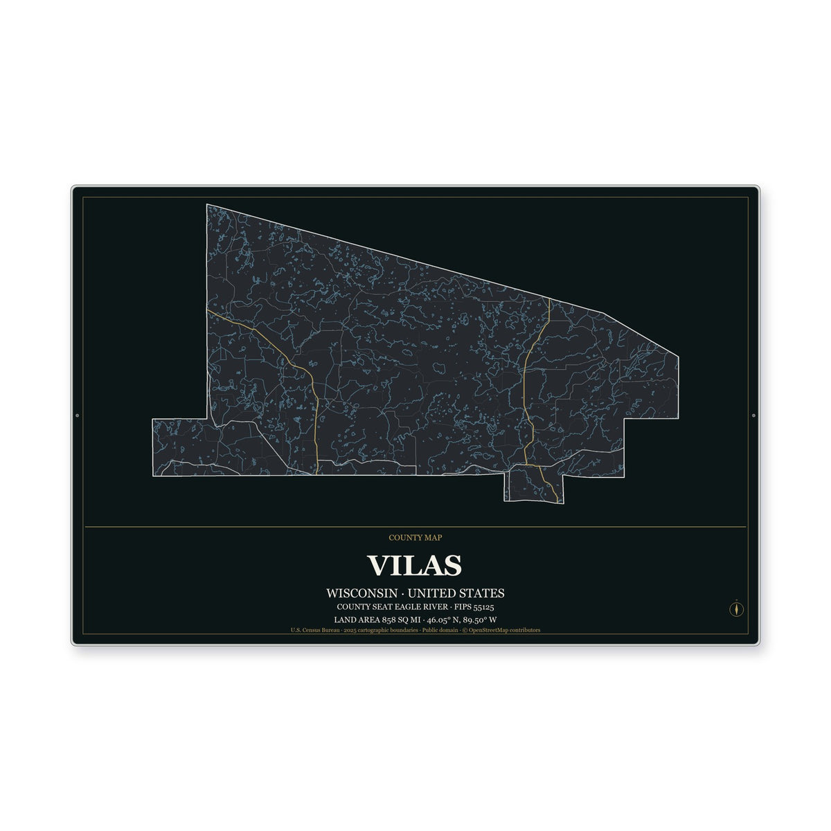 Vilas County, Wisconsin Map Aluminum Sign in Metropolitan Noir style
