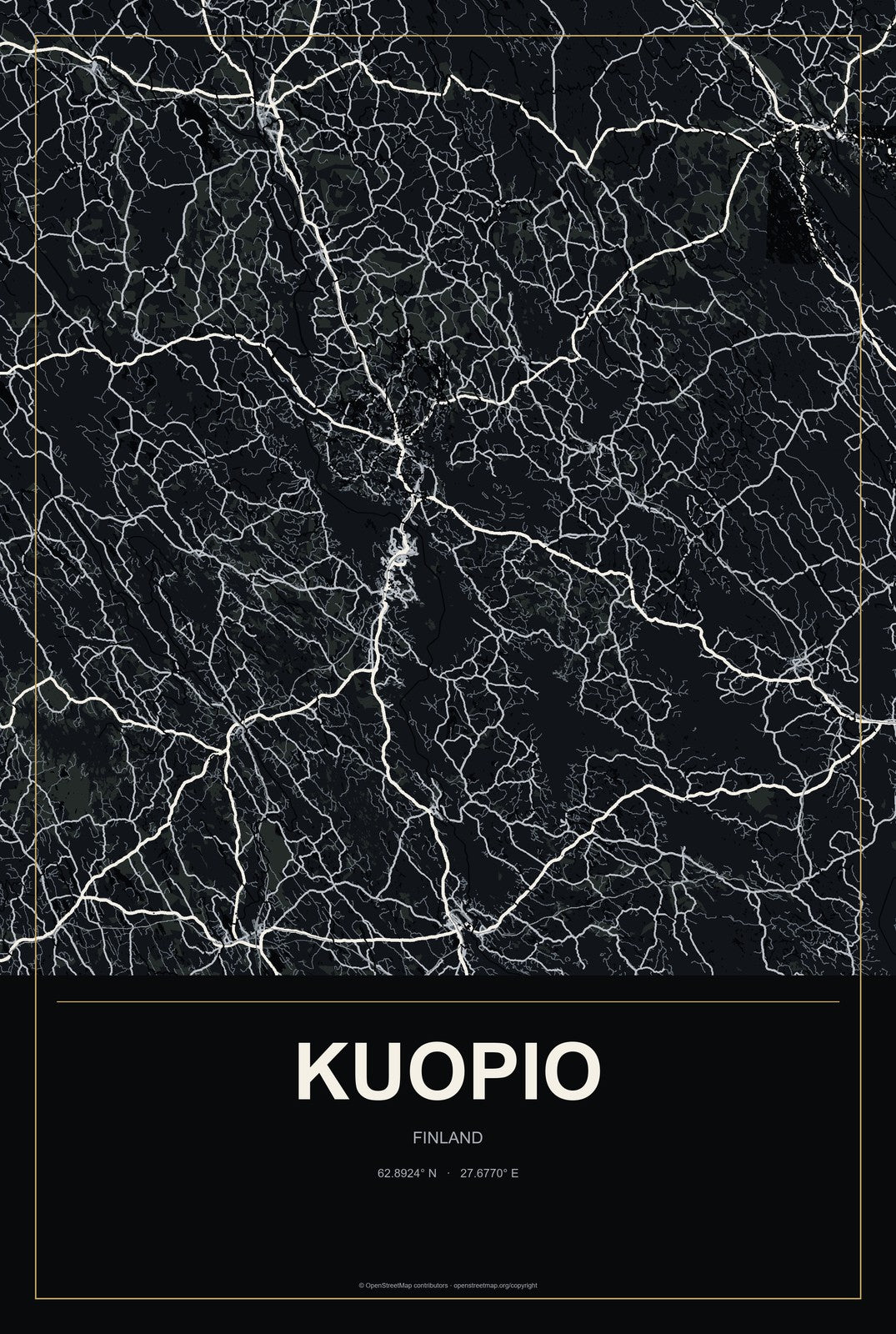 Kuopio, Finland City Map Aluminum Sign in Metropolitan Noir style