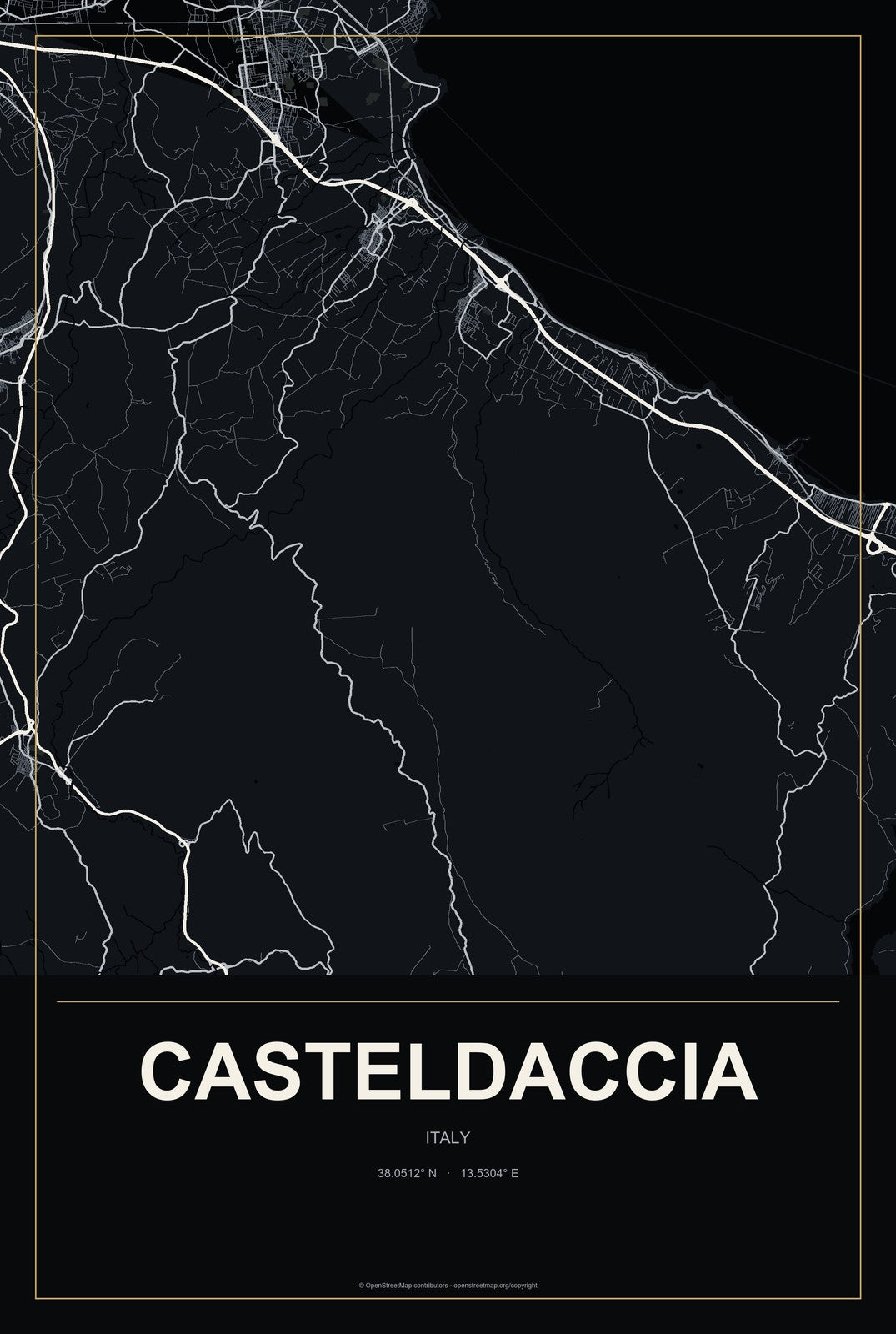 Casteldaccia, Italy City Map Aluminum Sign in Metropolitan Noir style