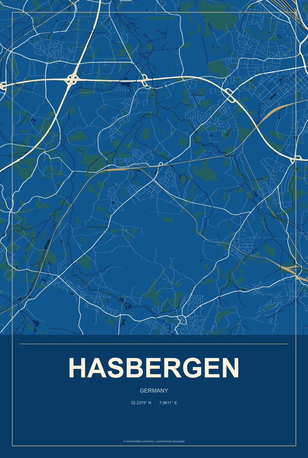 Hasbergen, Germany City Map Aluminum Sign in Harbor Cobalt style
