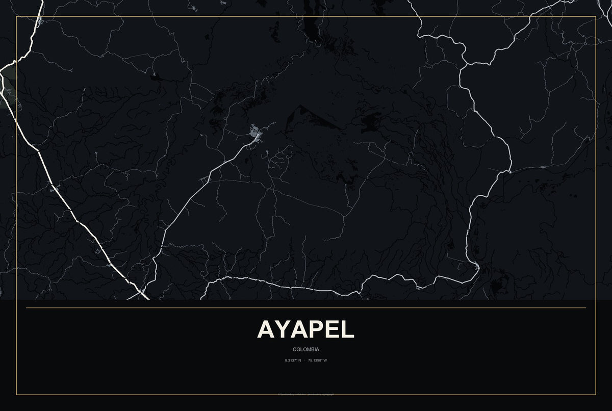 Ayapel, Colombia City Map Aluminum Sign in Metropolitan Noir style
