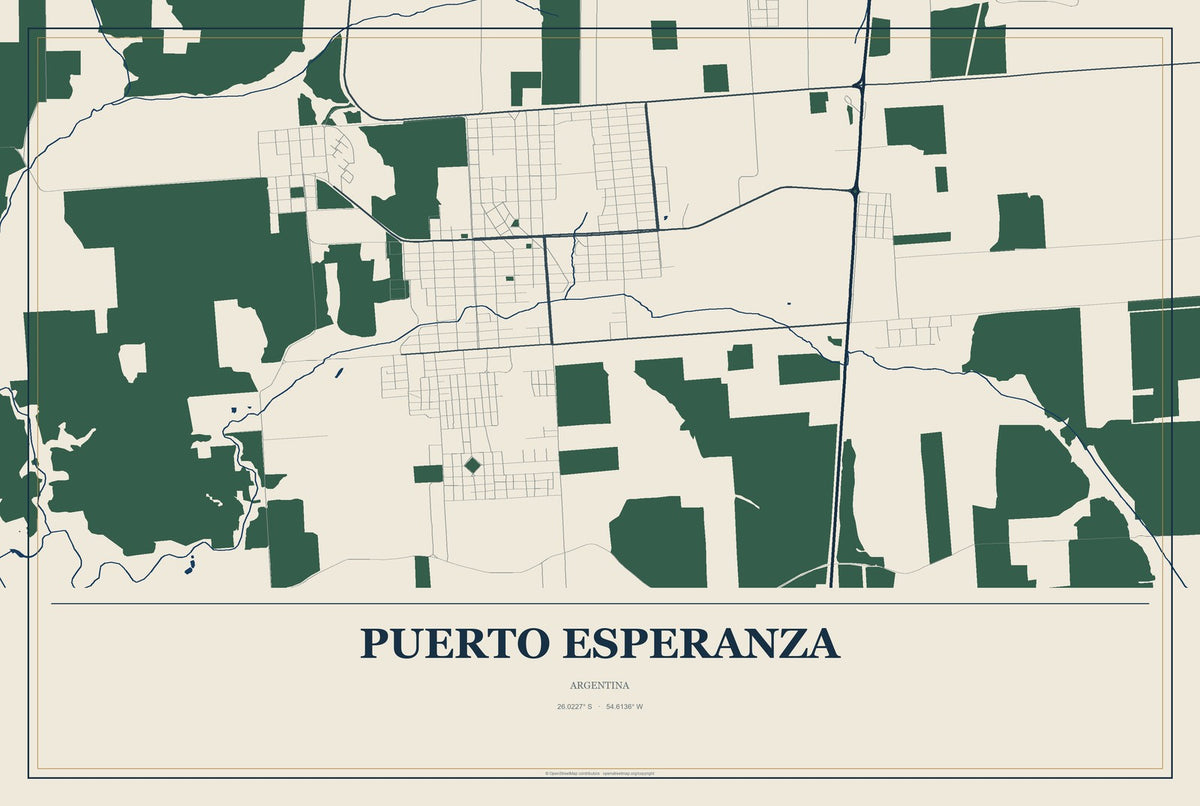 Puerto Esperanza, Argentina City Map Aluminum Sign in Coastal Cutout style