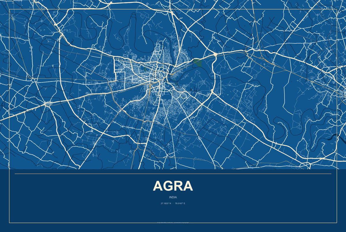 Agra, India City Map Aluminum Sign in Harbor Cobalt style