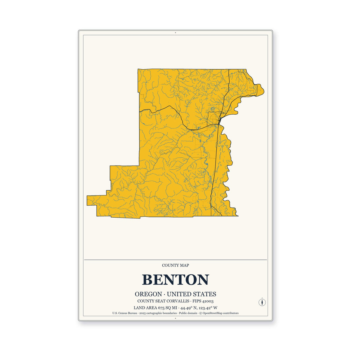 Benton County, Oregon Map Aluminum Sign in Citrine Modern style