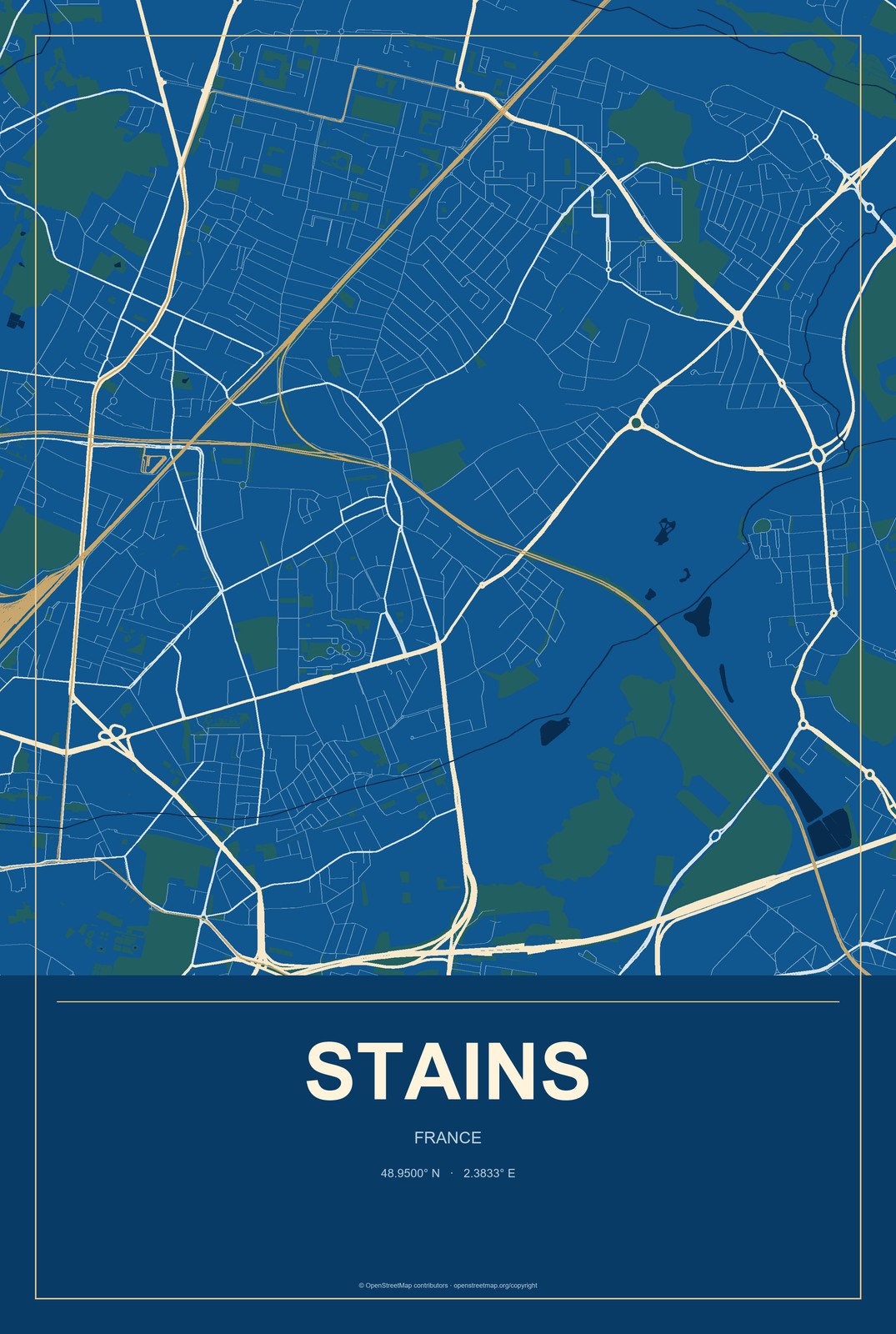 Stains, France City Map Aluminum Sign in Harbor Cobalt style