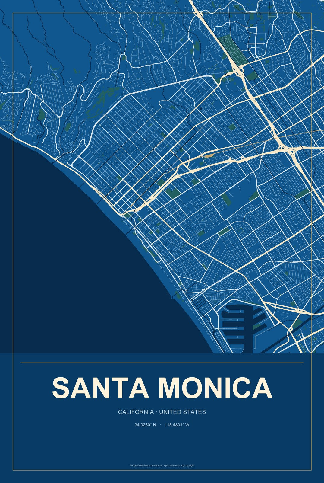 Santa Monica, California City Map Aluminum Sign in Harbor Cobalt style