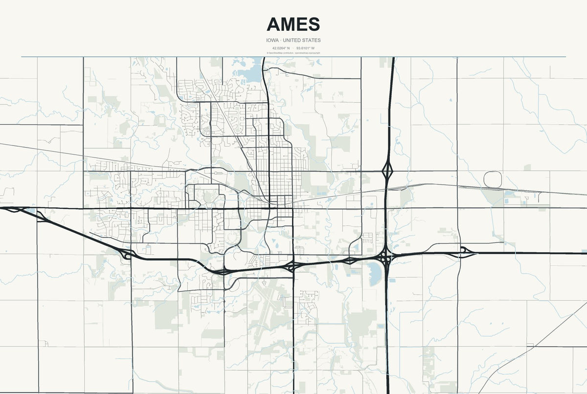 Ames, Iowa City Map Aluminum Sign in Headline Atlas style