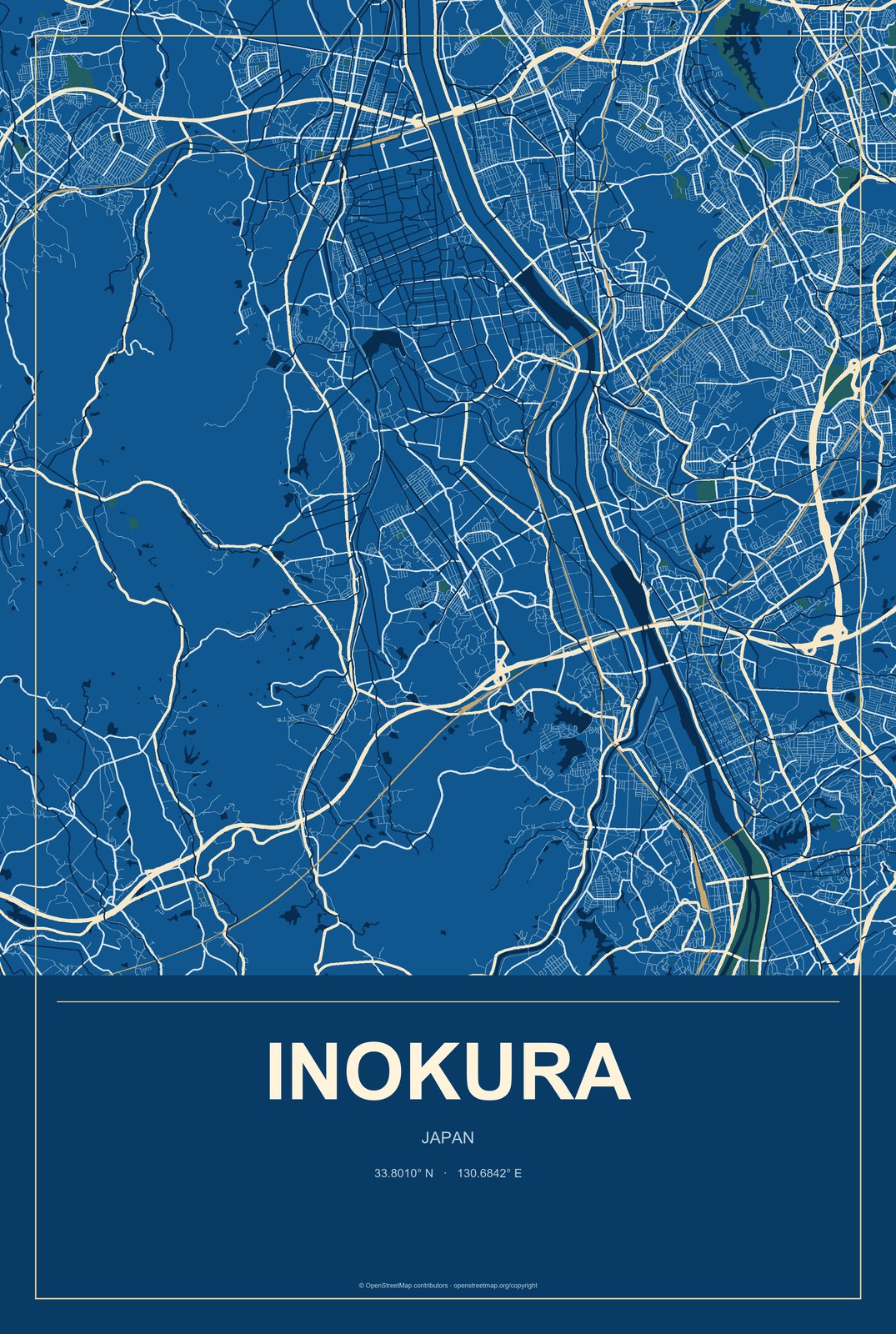 Inokura, Japan City Map Aluminum Sign in Harbor Cobalt style