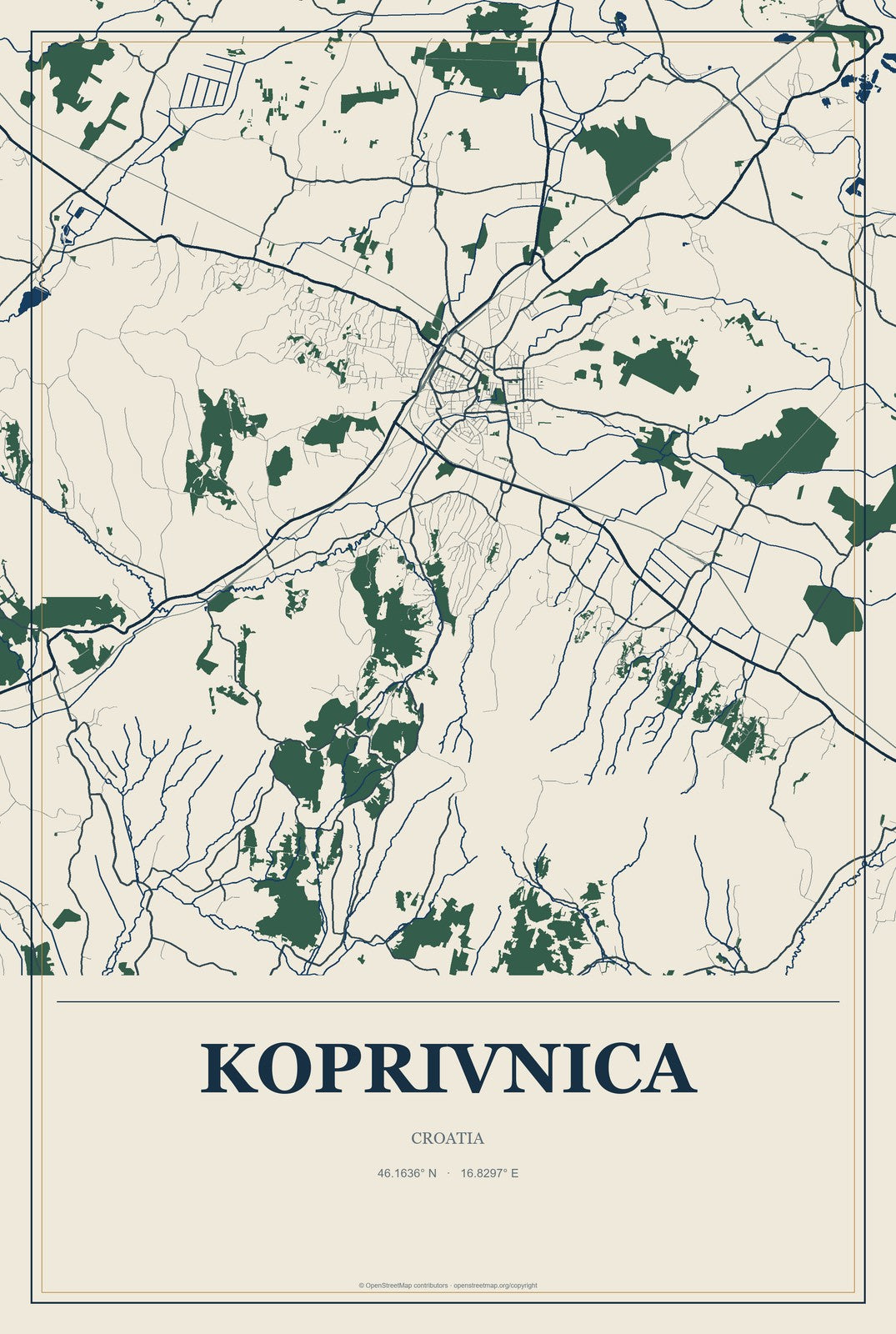 Koprivnica, Croatia City Map Aluminum Sign in Coastal Cutout style