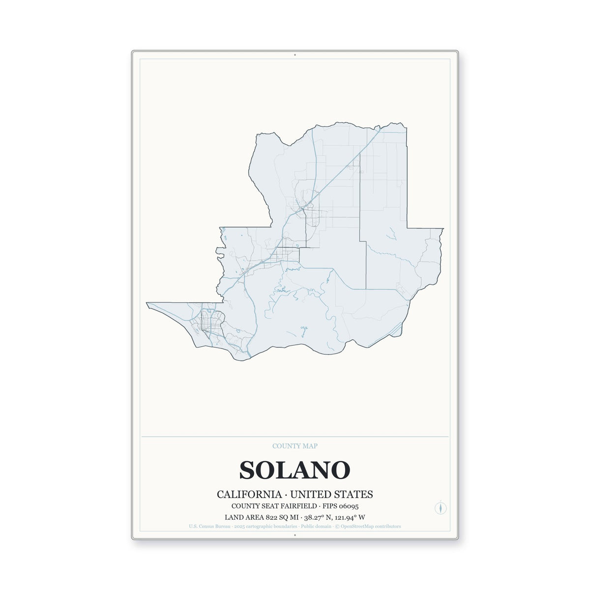 Solano County, California Map Aluminum Sign in Gallery Air style