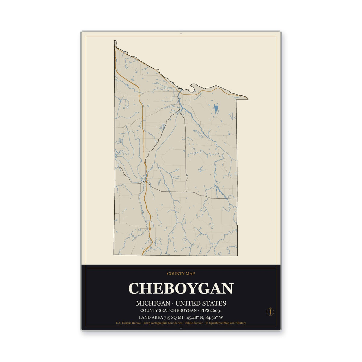 Cheboygan County, Michigan Map Aluminum Sign in Museum Plaque style