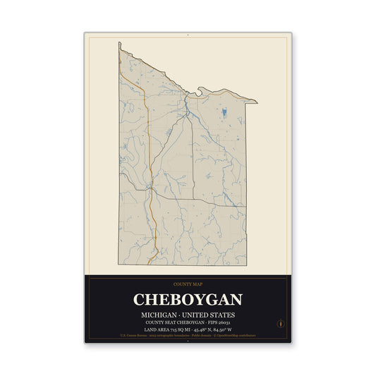 Cheboygan County, Michigan Map Aluminum Sign in Museum Plaque style
