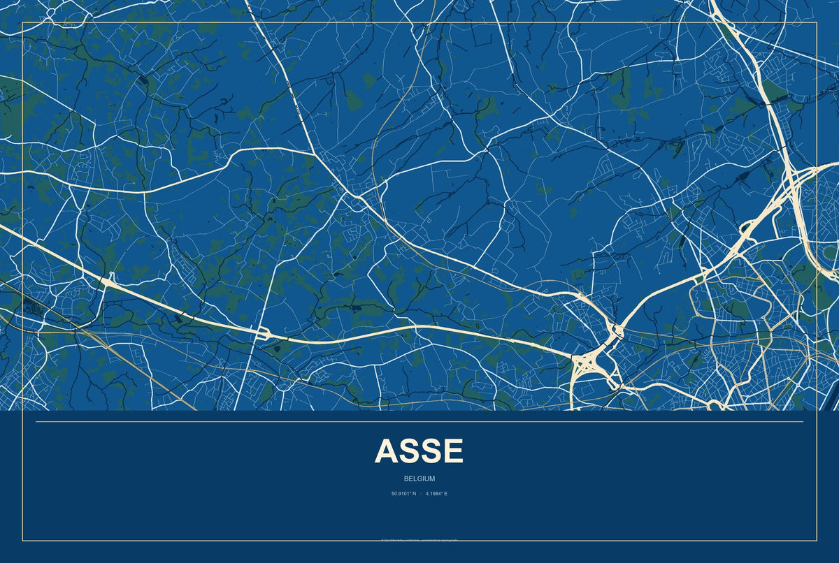 Asse, Belgium City Map Aluminum Sign in Harbor Cobalt style