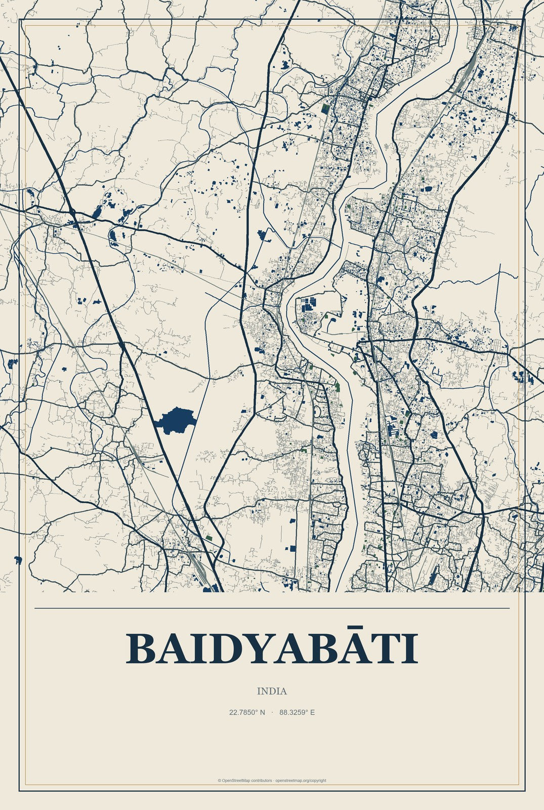 Baidyabāti, India City Map Aluminum Sign in Coastal Cutout style