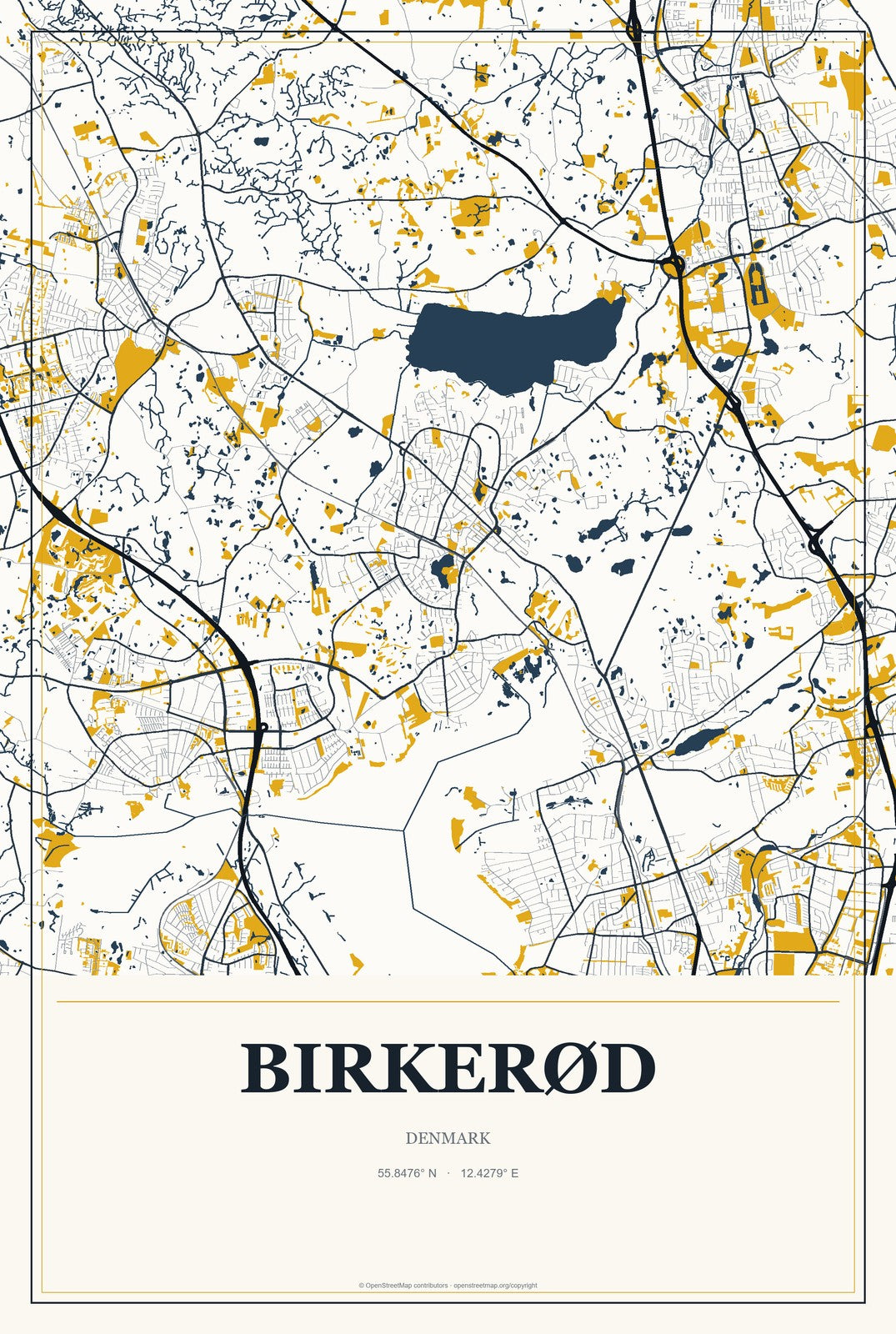 Birkerød, Denmark City Map Aluminum Sign in Citrine Modern style