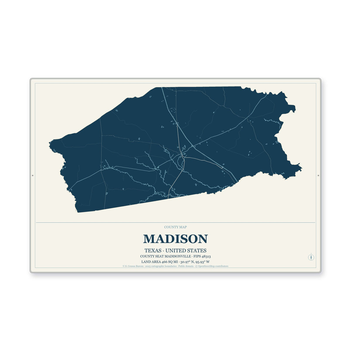 Madison County, Texas Map Aluminum Sign in Coastal Cutout style