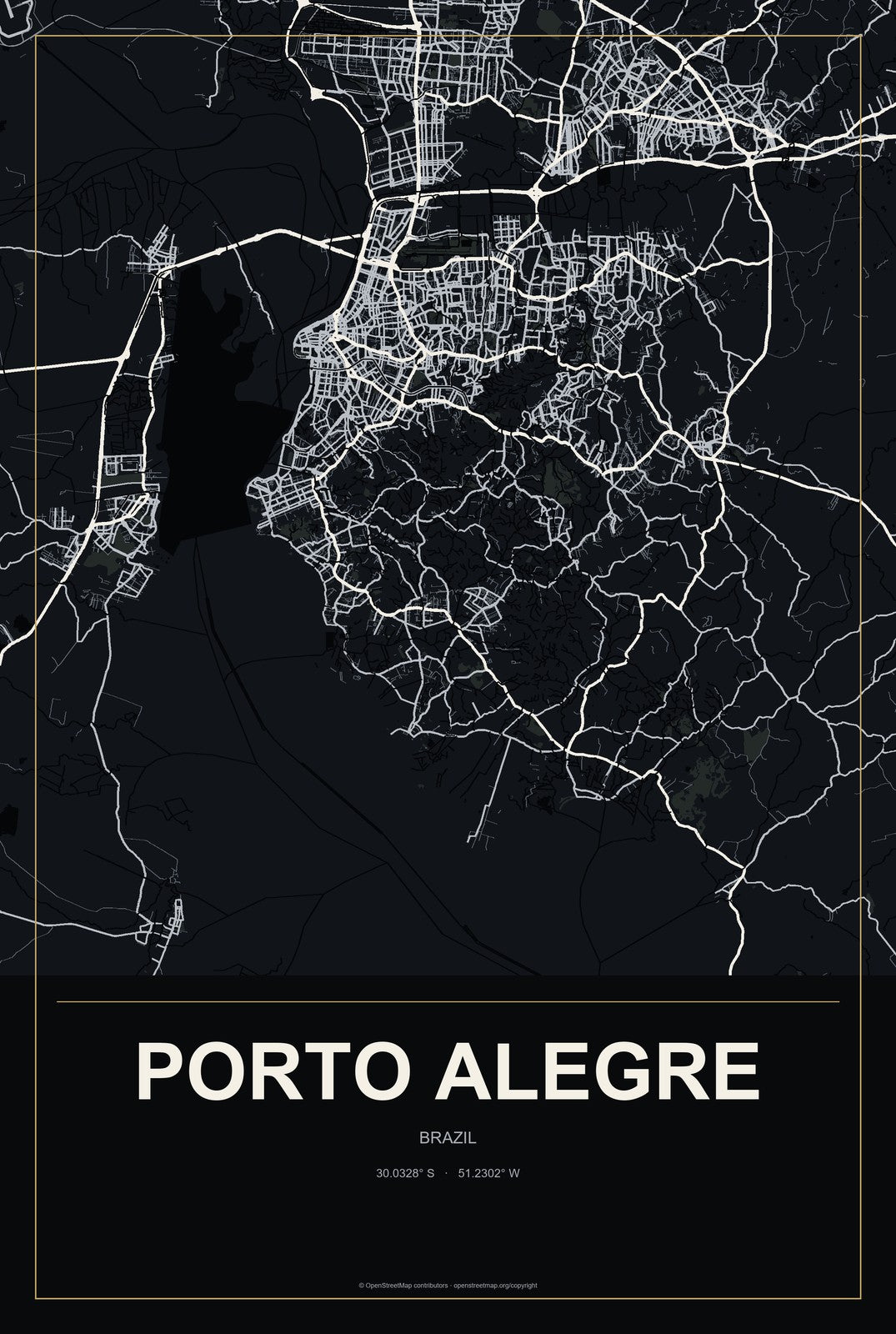 Porto Alegre, Brazil City Map Aluminum Sign in Metropolitan Noir style